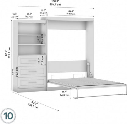 Queen Murphy Bed & Shelving with Drawers, White, Pur, 101W9