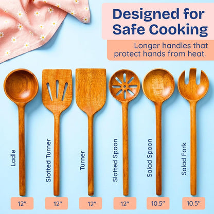 Non-Toxic Acacia Wooden Utensils Set, 6-Piece, Glue and Mineral Oil Free | One-Piece Solid Wood. No Hidden Adhesives. Petroleum Free. Finished with Beeswax, Flaxseed & Lemon Oil. Longer Handles.6