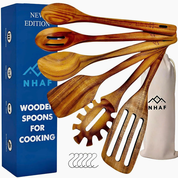 Wooden Utensils for Cooking, Premium Teak Healthy Spoons, Wooden Spoons for Cooking, Durable Eco-Friendly and Safe Teak Cooking Spoon, Cooking Gifts for Mom (Set of 6) and Hooks1