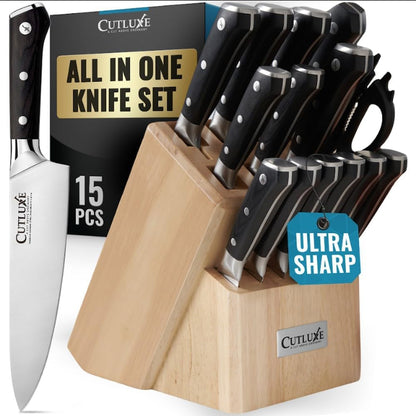 15-Piece Knife Set for Kitchen – Rubberwood Block, German Steel1