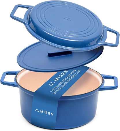 7 QT Enameled Cast Iron Dutch Oven - Chip-Resistant Enamel Coating - Thick Iron Core for Heat Retention - Large Cooking Surface - Oven Safe, Induction Compatible - Grill and Silicone Lid, Blue1
