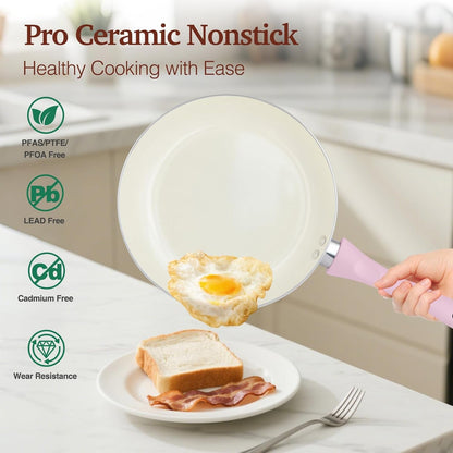 Pots and Pans Set Non Stick, 11Pcs Pink Ceramic Cookware Set | Compact Nonstick Cooking Set, Induction Cookware Set, PFOA & PFAS Free, Non-Toxic, Easy Food Release, Easy to Clean3