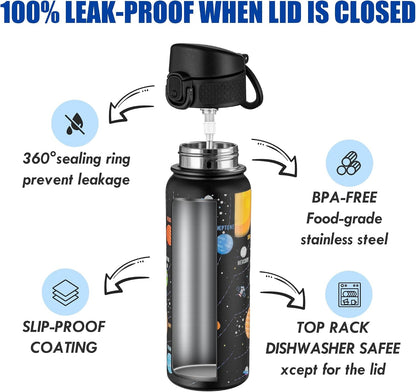 20 Oz Insulated Stainless Steel Water Bottle for Kids, with Straws Leak-Proof, Kids Water Bottles for School Boys Girls,Solar System3