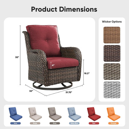 Outdoor Swivel Chairs Set of 2,Patio Wicker Rocker Chairs,All Weather Patio Conversation Furniture Set, Ideal for Porch Balcony Deck Yard, Brown Wicker/Red2