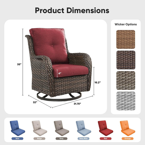 Outdoor Swivel Chairs Set of 2,Patio Wicker Rocker Chairs,All Weather Patio Conversation Furniture Set, Ideal for Porch Balcony Deck Yard, Brown Wicker/Red2