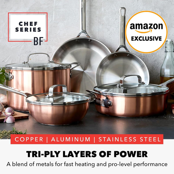 X Bobby Flay 8 Piece Copper Clad Pots & Pans, Induction Ready Cookware, Measurement Markings, Stainless Steel Base & Interior, Oven Safe to 500˚F2