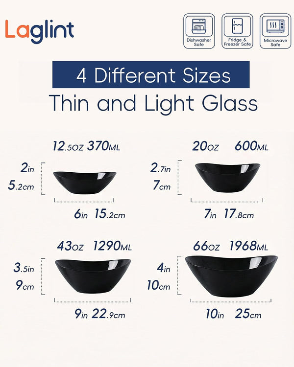 Oval Serving Bowls Set of 4, 15/20/43/66 OZ Black Opal Glass2