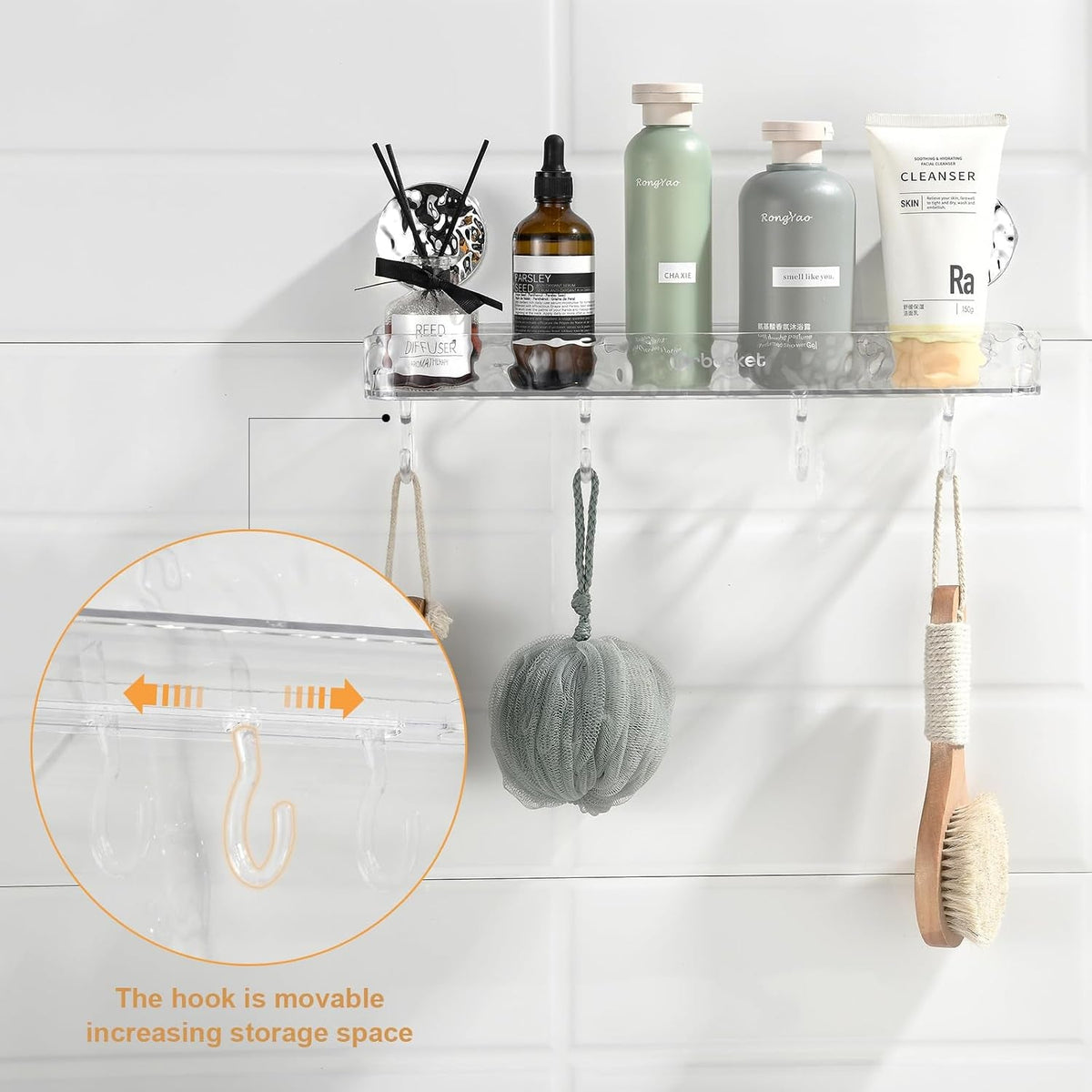 shower-caddy-suction-cup-wall-mounted-suction-shower-rack-organizer-no-drilling-clear-shelf-basket-with-4-movable-hooks-bathroom-storage-rack-suitable-for-smooth-walls