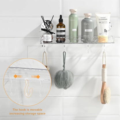Shower Caddy Suction Cup, Wall Mounted Suction Shower Rack Organizer, No Drilling Clear Shelf Basket with 4 Movable Hooks, Bathroom Storage Rack Suitable for Smooth Walls5