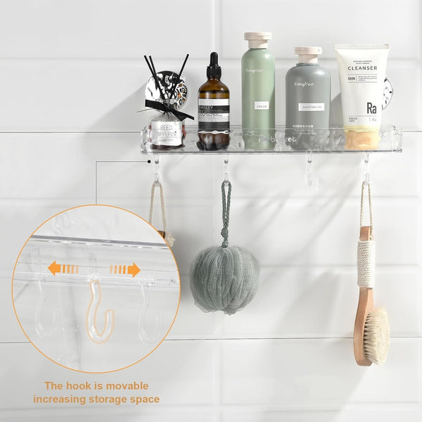 Shower Caddy Suction Cup, Wall Mounted Suction Shower Rack Organizer, No Drilling Clear Shelf Basket with 4 Movable Hooks, Bathroom Storage Rack Suitable for Smooth Walls5