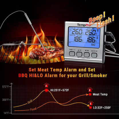 Temptrack Digital Cooking Meat Thermometer with Dual Meat Probe | Large LCD Backlight, High/Low Temperature Alarm, Kitchen Food Thermometer with Timer Mode for Smoker Grill Oven BBQ, Silver5