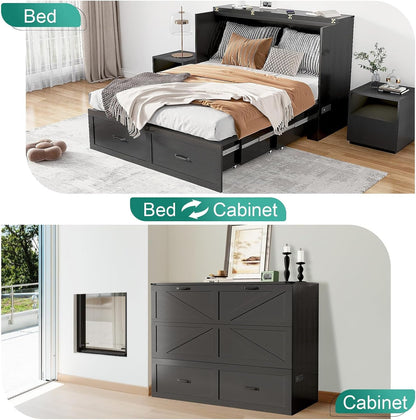 Queen Size Murphy Chest Bed with Drawer and Charging Station, Farmhouse Wood Space-Saving Hidden Folding Bed Chest, Multifunctional Storage Cabinet Beds for Bedroom, Office, Black8