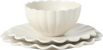 Bistro Fleur Plates and Bowls Sets, 12-Piece Stoneware Dinnerware Set for 4, Ivory White Scalloped Dish Set with Dinner Plates, Salad Plates & Bowls9