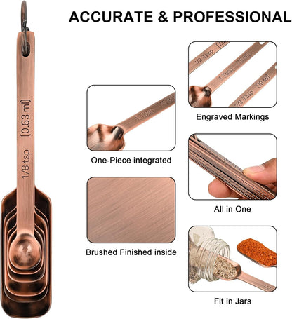 Copper Measuring Cups and Spoons Set of 18, 7 Measuring Cups, 9 Measuring Spoons, Stainless Steel Measuring Spoons and Cups for Dry & Wet Ingredients during Kitchen & Baking7