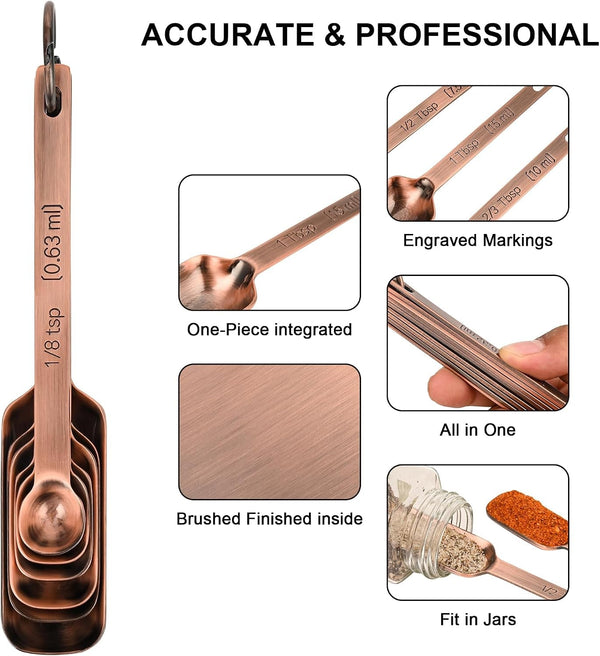 Copper Measuring Cups and Spoons Set of 18, 7 Measuring Cups, 9 Measuring Spoons, Stainless Steel Measuring Spoons and Cups for Dry & Wet Ingredients during Kitchen & Baking7