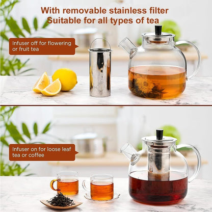 1500Ml(50Oz) Glass Teapot with Removable Infuser,  Stovetop Safe Large Tea Pot, Blooming and Loose Leaf Hand Crafted Kettle for Women and Adult with Stainless Infuser5