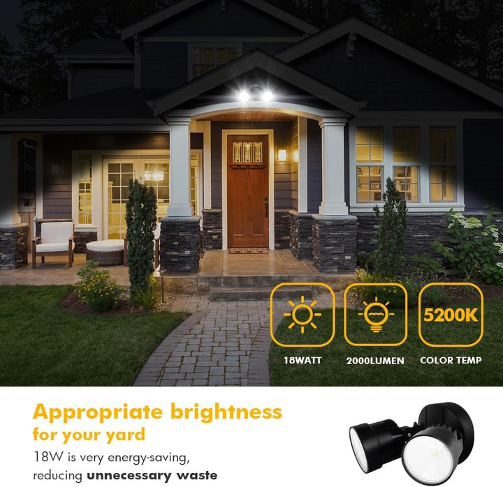P6221B 2000 Lumen 18 Watt LED Dual-Head Floodlight Outdoor, Switch Controlled Waterproof Exterior Security Wall Light for Patio, Garden,Yard-Black+2