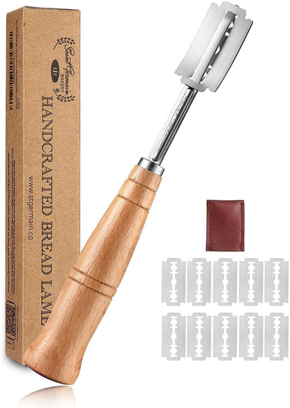 "SAINT GERMAIN Premium Hand Crafted Bread Lame for Dough Scoring Knife, Lame Bread Tool for Sourdough Bread Slashing with 10 Blades Included with Replacement with Authentic Leather Protector Cover"1
