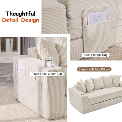 76" Convertible Sofa Bed, Corduroy Boneless Couch with Cup Holders & Pocket5