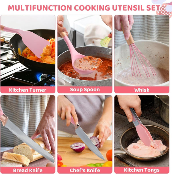 Kitchen Utensils Set,37 Piece Cooking Utensils and Knife Set,Pink3