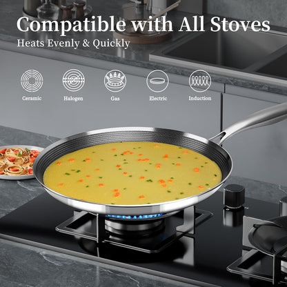 12 Inch Stainless Steel Crepe Pan,Nonstick Dosa Tawa | Honeycomb Nonstick Coating, Pfoa-Free.Compatible with All Stoves. Easy to Clean.Oven Safe&Dishwasher Safe6