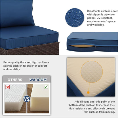 Outdoor Patio Furniture Set 7 Pieces Wicker Sectional Sofa Brown Rattan Conversation Couch with Coffee Table, Anti-Slip Thick Nave Blue Cushion5