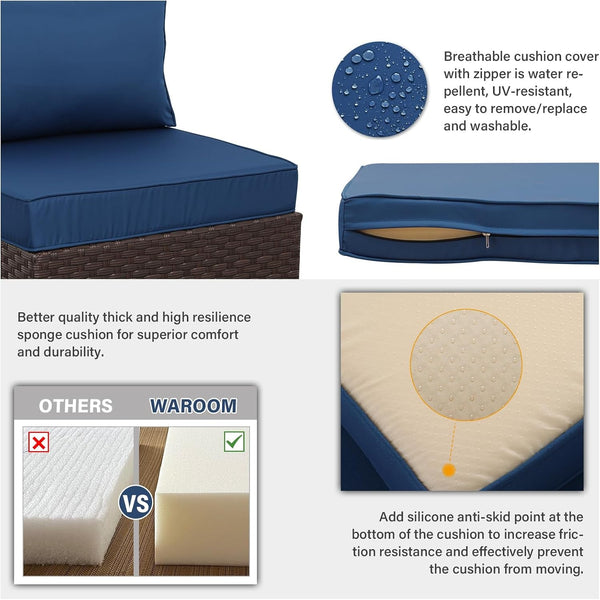 Outdoor Patio Furniture Set 7 Pieces Wicker Sectional Sofa Brown Rattan Conversation Couch with Coffee Table, Anti-Slip Thick Nave Blue Cushion5
