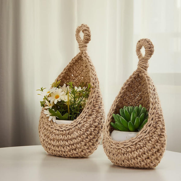 3 Hanging Baskets, Light Linen, Teardrop, Cotton Rope5