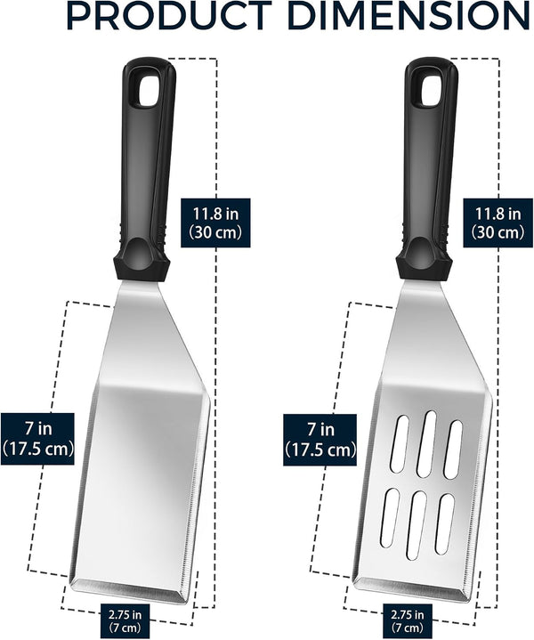 11.8-In 18/0 Stainless Steel Spatulas, Silicone Non-Slip Handle, Brushed Metal Spatula Set for Kitchen Use Cast Iron Skillet, BBQ Frying Griddle, Pack of 24