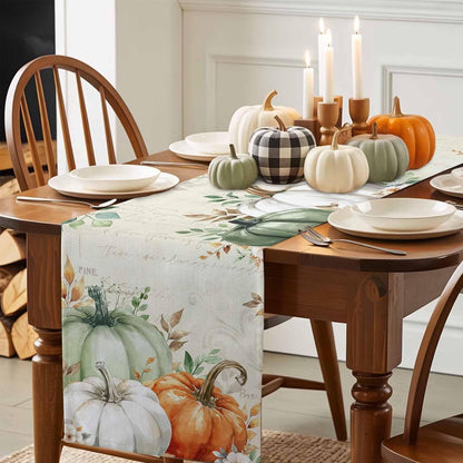 Fall Table Runner 13X90 Inches Long Thanksgiving Sage Green Pumpkin Runner for Table Floral Autumn Eucalyptus Leaves Table Runners Cotton Linen Dresser Scarf for Kitchen Coffee Dining Holiday Party5