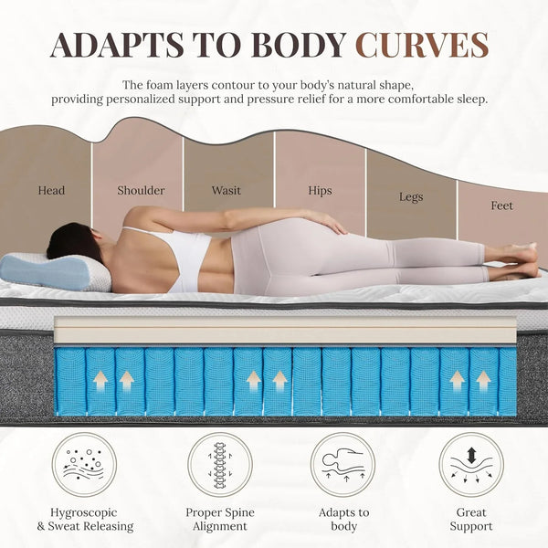 Queen Mattress 10 Inch Hybrid Mattresses in a Box | Medium Feel Foam and Individual Pocket Springs, Fiberglass Free Mattress, Extra Edge Support, Pressure Relief, Certipur-Us5