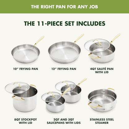 Stainless Steel Cookware Set, 11 Piece, Induction Cookware, Dishwasher Safe, Oven Safe to 600F, Large 8QT Stock Pot, Sauce, Saute, Frying Pans, Pots & Pans Kitchen Essentials, Gold4