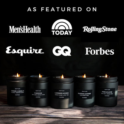 Premium Smoke & Vanilla Scented Candle – Long Lasting, 45 Hour Burn Time – Luxury Black Natural Soy Scented Candle for Men with Wood Wick – Room Decor and Aromatherapy – 7.6 Oz7