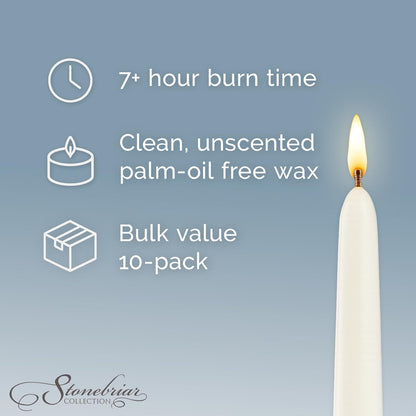 Unscented Taper Candles — 7 Hour Burn Time, Candle Stick Candles for Weddings, Holidays, Home Décor & Special Events, Pack of 10, White, 10"3