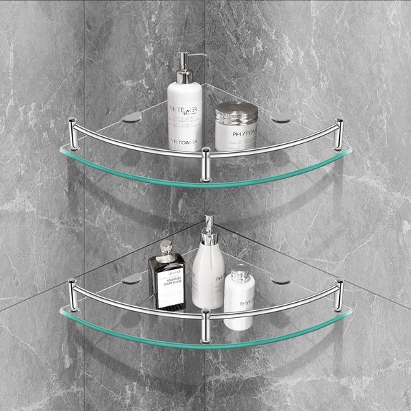 Glass Corner Shelves Tempered Bathroom Eestantes Para Baños with Rail Wall Mounted Drill Hole for Corner Shower Shelf for inside Shower 2 Pack（Sliver）8