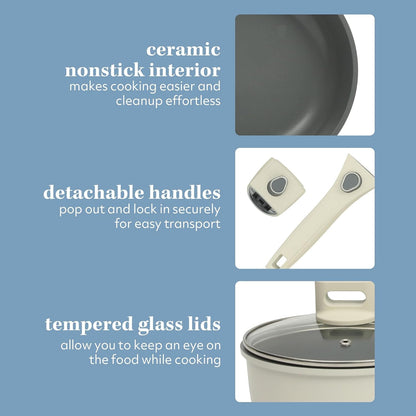 Sur La Table Kitchen Essentials 13 Piece Detachable Handle Pots and Pans Premium PFA Free Premium Ceramic Non Stick Induction Safe and Secure Removable Handle Cookware Set - Eggshell White6