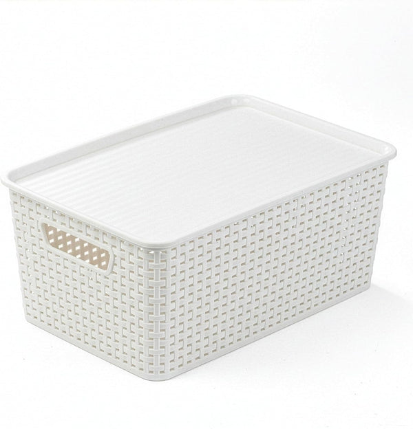 | Plastic Storage Baskets with Lids, 15.5 Liter - 3 Pack, White | the WOVEN COLLECTION | Storage Basket for Shelves Woven Storage Baskets for Organizing Bins Pantry Shelf Organizer Container Bin7