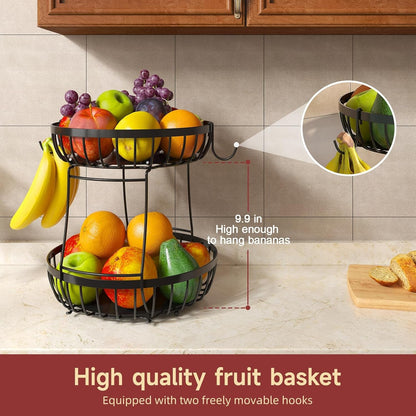 2 Tier Large Fruit Bowl for Kitchen Counter with 2 Banana Hangers | Sturdy Metal Basket for Fruit, Bread & Onions, Modern Wire Fits Various Styles, Includes Food-Safe Mats to Keep Produce Fresh2