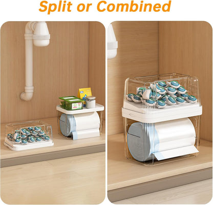 2-In-1 Trash Bag Holder Laundry & Dishwasher Pods Container,Garbage Bag Dispenser with Removable Lids,Kitchen Organizer and under Sink Storage Box5