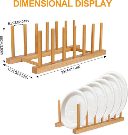 Bamboo Wooden Dish Racks Plate Stand Holder Vertical Drainer Kitchen Cabinet Organizer for Dish, Pots, Lids, Bowls, Cups, and Cutting Boards and Books(2 Packs)2