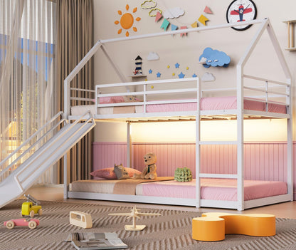 Twin over Twin Bunk Bed with Slide,40° Gentle-Slope & LED Light, White1