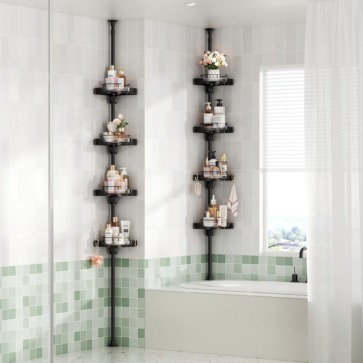 360-rotating-corner-shower-caddy-tension-pole-4-tiers-shower-organizer-for-bathroom-shelf-bathtub-adjustable-standing-shower-rack-easily-assemble-34-124-inch-height-black