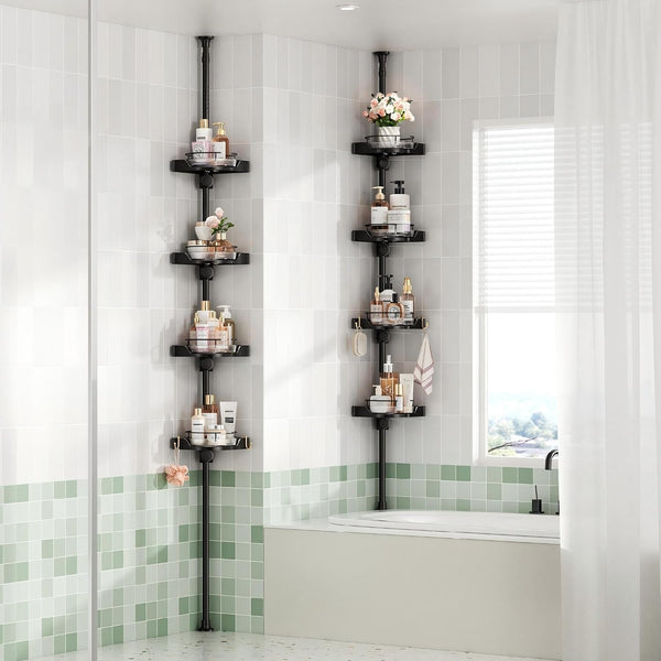 360° Rotating Corner Shower Caddy Tension Pole, 4 Tiers Shower Organizer for Bathroom Shelf Bathtub, Adjustable Standing Shower Rack, Easily Assemble, 34-124 Inch Height, Black1