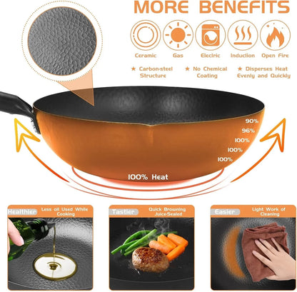 Hand Hammered Carbon Steel Wok, Wooden Lid Asian Spatula with Handle - Stir Fry Pan for Chinese, Japanese, and Cantonese Cuisine – Flat Bottom Wok Cooking by Cookeries / 2 Accessories4