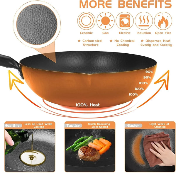 Hand Hammered Carbon Steel Wok, Wooden Lid Asian Spatula with Handle - Stir Fry Pan for Chinese, Japanese, and Cantonese Cuisine – Flat Bottom Wok Cooking by Cookeries / 2 Accessories4