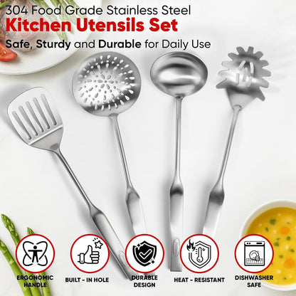 Newness 4 Pcs Cooking Utensils Set, 304 Stainless Steel Kitchen Utensils Set, Metal Kitchen Accessories, Include Soup Ladle, Slotted Skimmer Spoon, Spaghetti Spoon and Spatula, Dishwasher Safe3