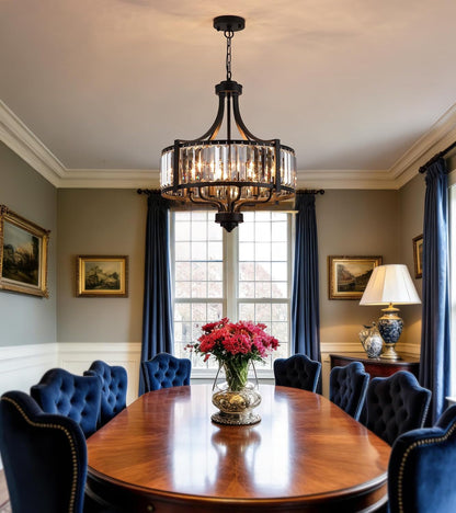Modern Crystal Chandeliers, Entryway Black Crystal Chandelier for Dining Room, 6-Light Farmhouse Pendant Hanging Light Fixture for Living Room Foyer Kitchen Island,Conical,20In5