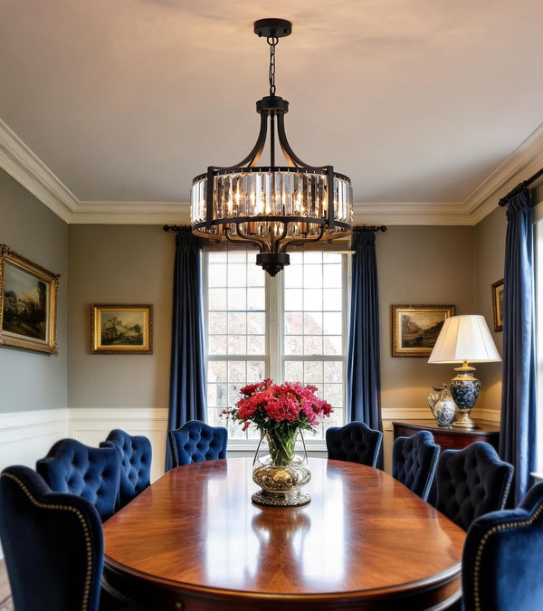 Modern Crystal Chandeliers, Entryway Black Crystal Chandelier for Dining Room, 6-Light Farmhouse Pendant Hanging Light Fixture for Living Room Foyer Kitchen Island,Conical,20In5