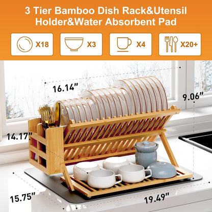 Bamboo Dish Drying Rack with Utensil Holder, 3 Tier Collapsible Dish Rack, Wooden Dish Racks for Kitchen Counter, Large Folding Drying Holder with Absorbent Dish Drying Mat2