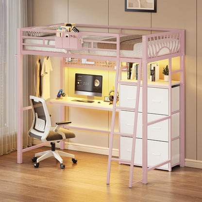 Twin Loft Bed with Desk and 6 Storage Drawers, Charging Station & LED, Pink5